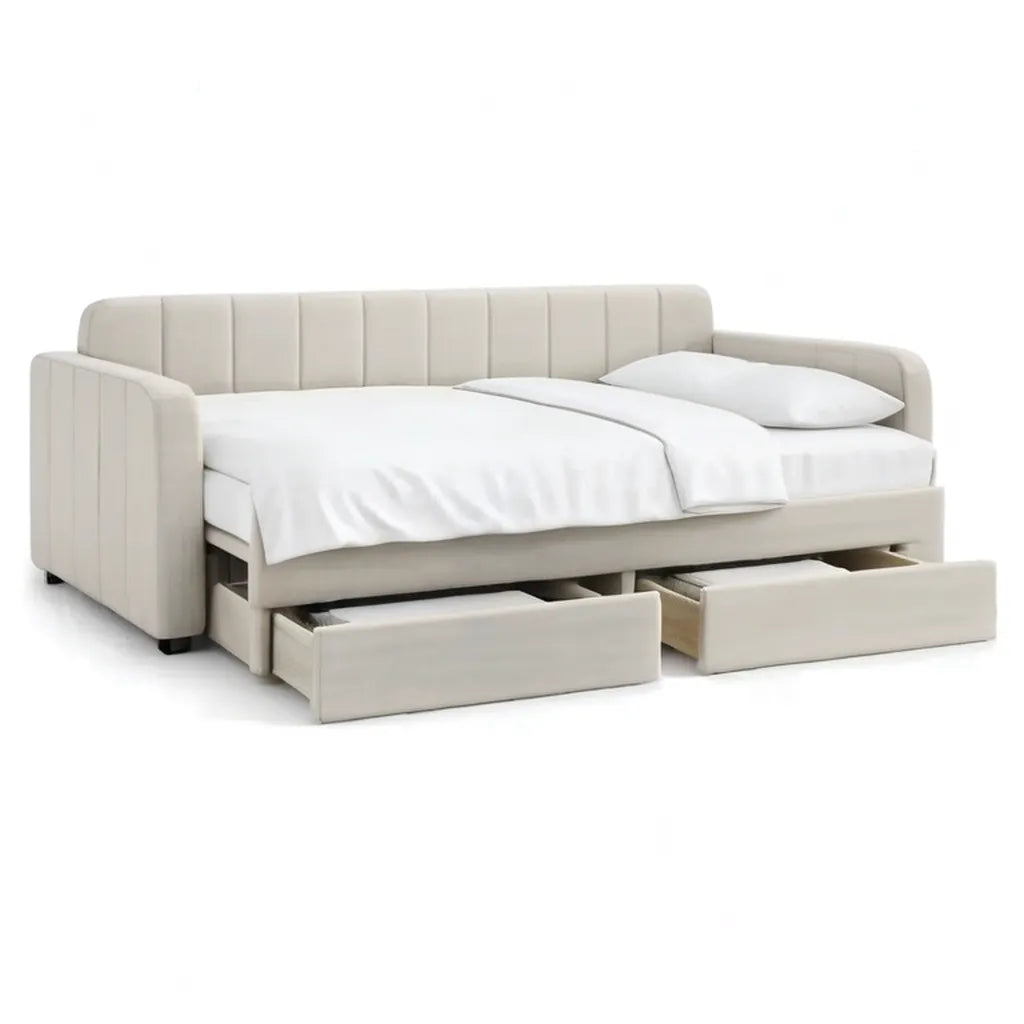 Łóżko dzienne sofa 90 x 200 cm z 2 szufladami z poliestru aksamitny krem biały prostokątny