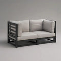 Sofa ogrodowa 180 x 80 x 75 cm w szarej tkaninie z czarną stalową strukturą i wyściełanymi poduszkami