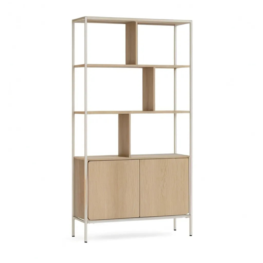 Regał, Butelka z szafką MDF z dębem fornirowanym i beżową stalą 80 x 35 x 190 cm