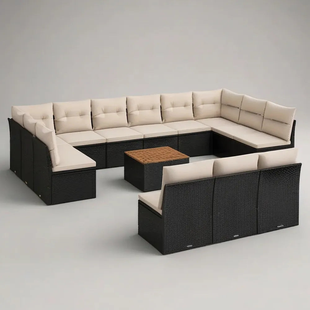 Sofa ogrodowa, 300x300x65 cm modułowa kanapa ogrodowa w czarnym rattanie syntetycznym z beżowymi poduszkami i centralnym stołem