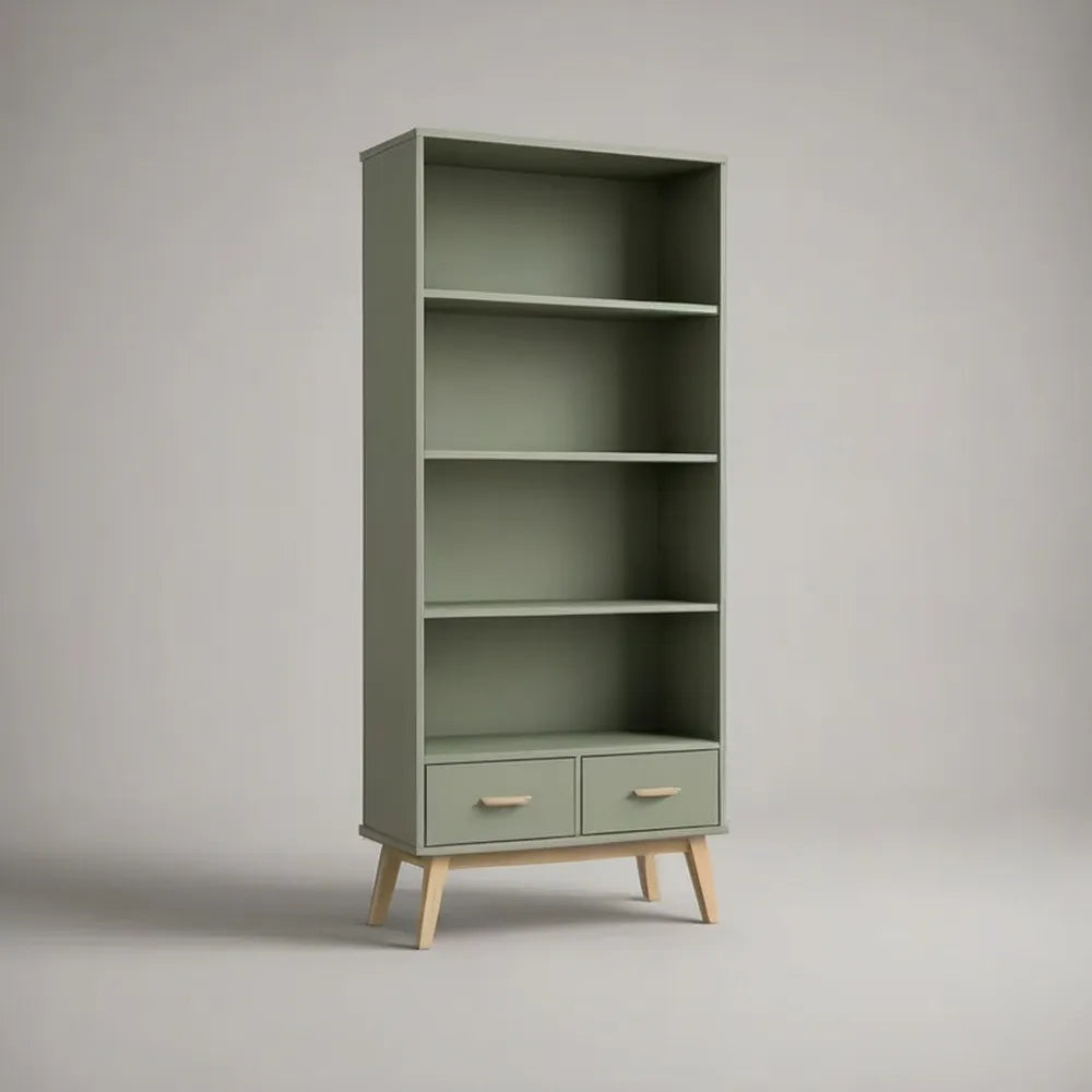 Regał, Budełka 90 x 35 x 180 cm zielony szałwia z otwartymi półkami i szufladami MDF z drewnianymi nogami