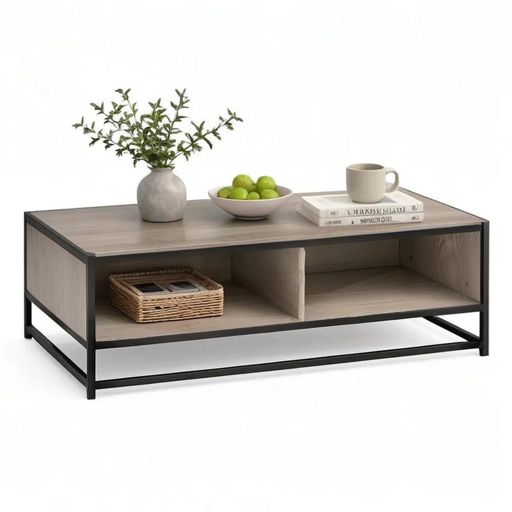 Stolik kawowy, Stół kawowy 120 x 60 x 45 cm Dąb naturalny naturalna z czarną metalową ramą i schowkami