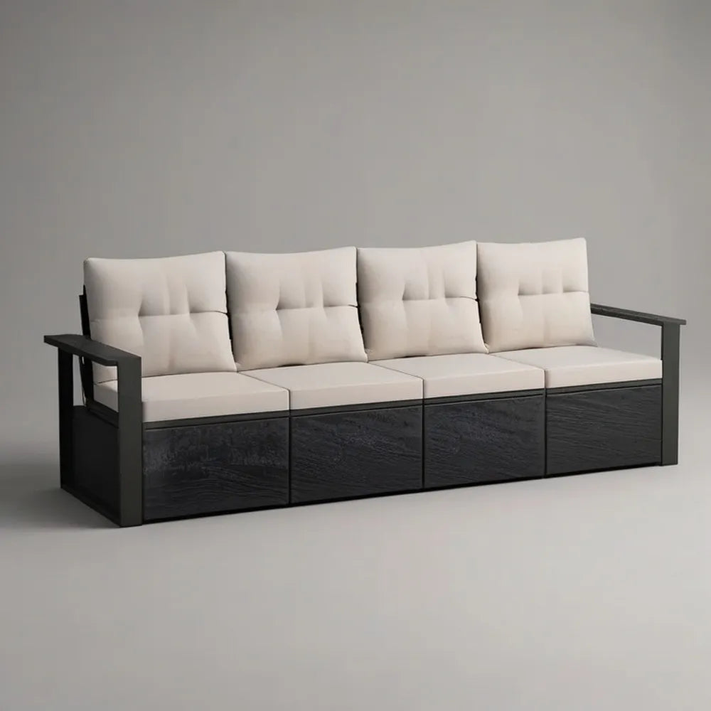Sofa ogrodowa, Modułowa kanapa ogrodowa 260 x 80 x 70 cm w czarnym rattanie syntetycznym z białą śmietaną tapicerowane poduszki