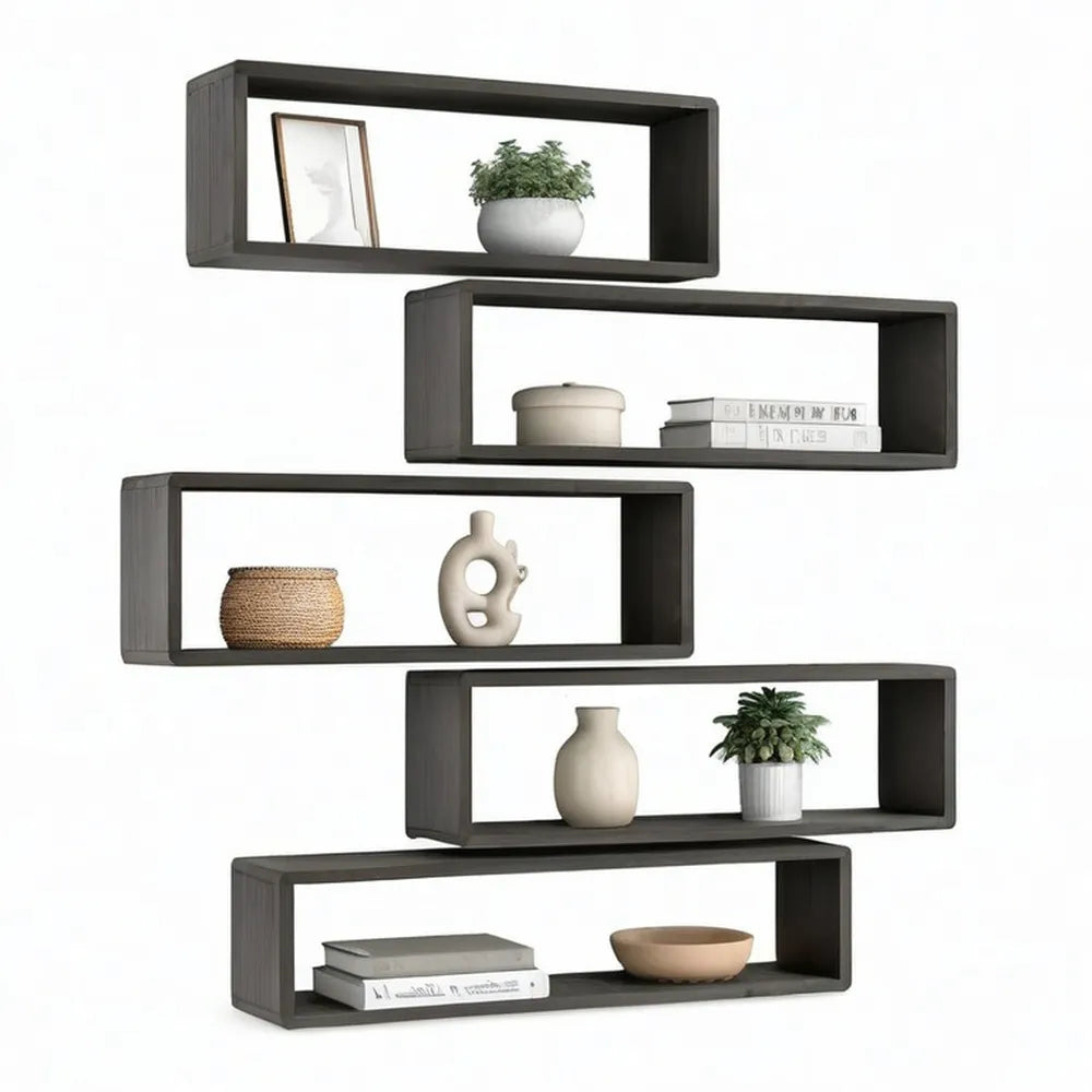 Regał, Zestaw ścienny 120 x 20 x 100 cm MDF materiał na bazie drewna czarny z 5 otwartymi przegródkami pamięci