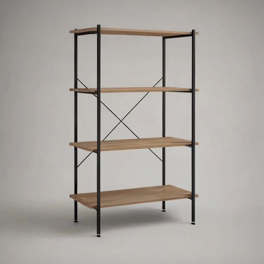 Regał, Drewniana biblioteczka z orzechem i czarną stalą z 4 półkami 120 x 35 x 180 cm