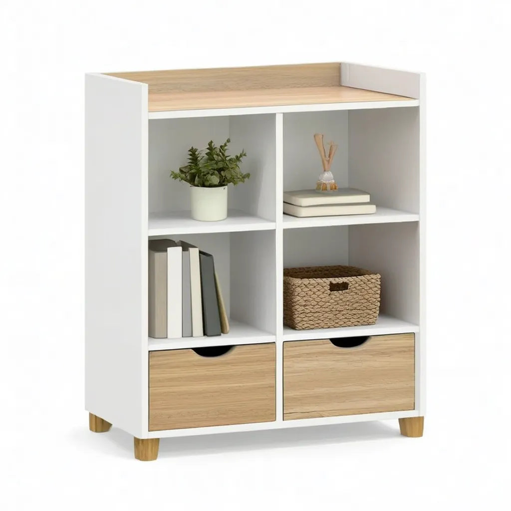 Regał, Niska biblioteczka z 4 przegródkami i 2 szufladami w białym i dębowym panelu 80 x 30 x 100 cm