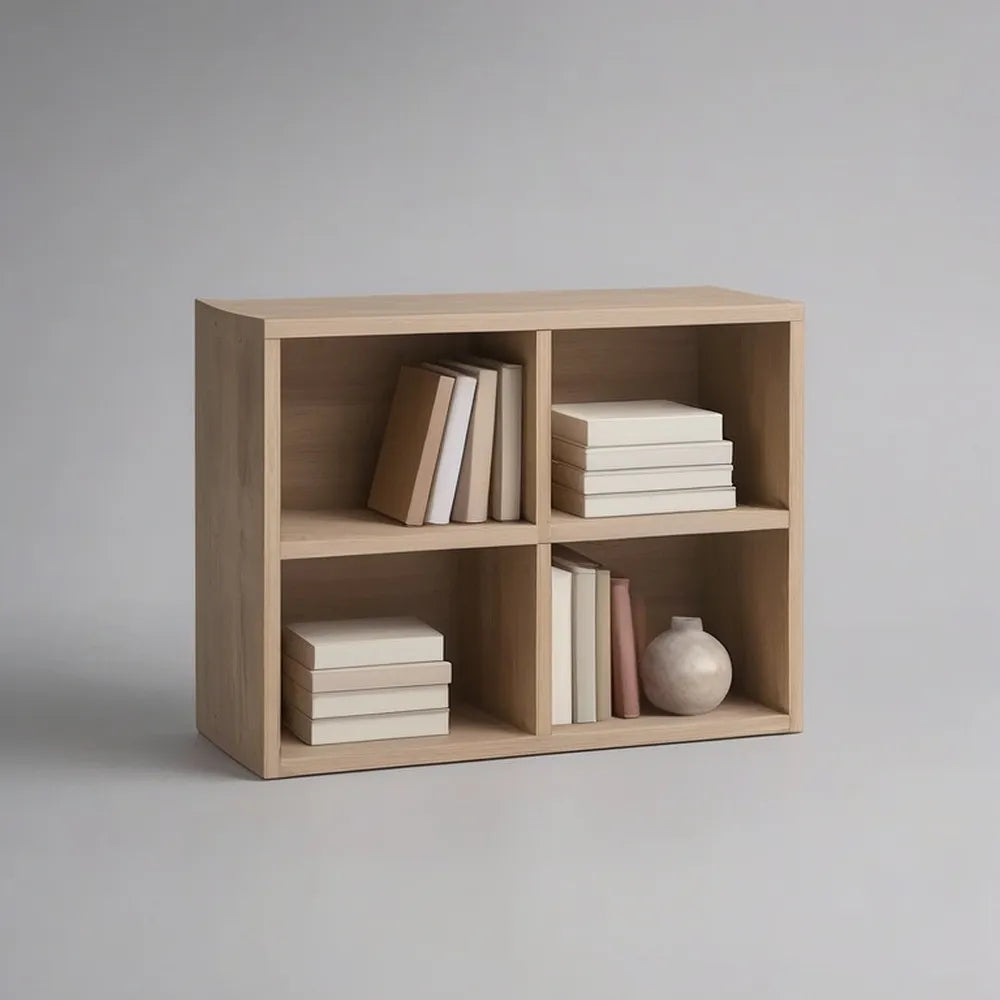 Kredens, Salon z deską boczną 120 x 35 x 80 cm w MDF z efektem lekkiego dębu z 4 otwartymi przegródkami
