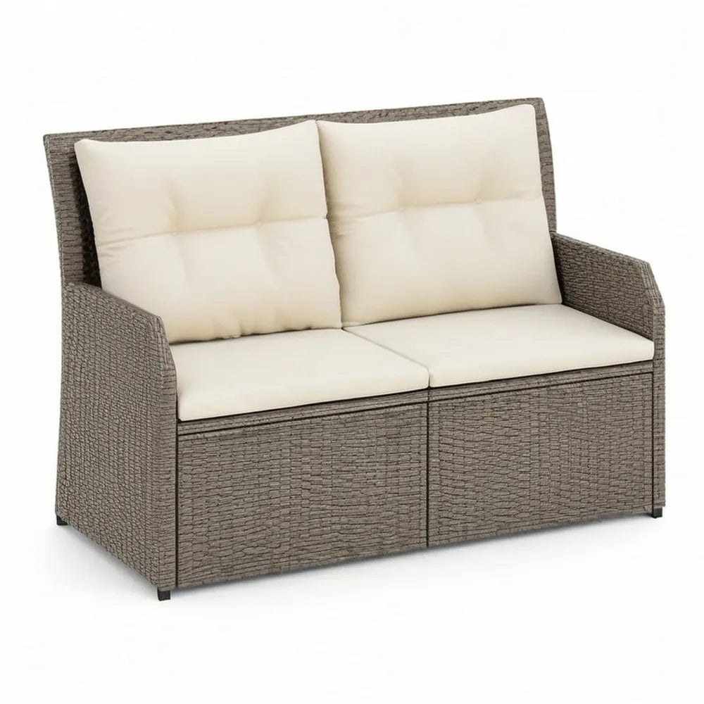 Ławka ogrodowa 150x70x85 cm szara polirattan z poduszką siedzenia i tapicerką pleców