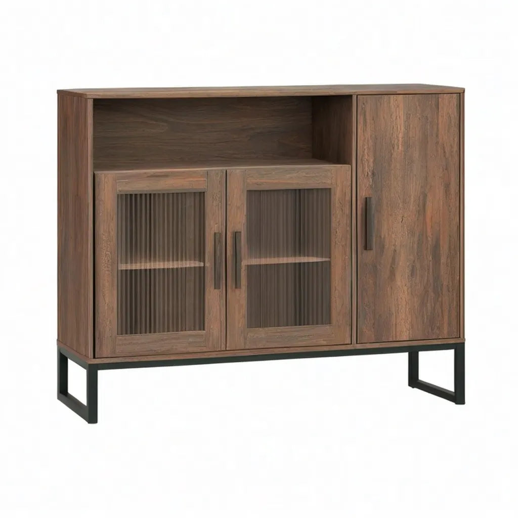 Kredens, 3 drzwi prostokątna spiżarnia bufet 120 x 40 x 90 cm w dekolt wiórowy dekorowanie dębu brązowe szkło prążkowane i czarna stal