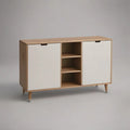 Kredens, 180 x 45 x 80 cm naturalny dąb z płyty bocznej MDF z 2 białymi drzwiami i centralnym otwartym przedziałem