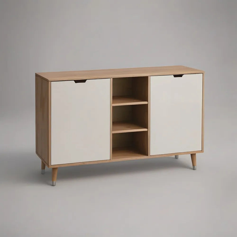 Kredens, 180 x 45 x 80 cm naturalny dąb z płyty bocznej MDF z 2 białymi drzwiami i centralnym otwartym przedziałem