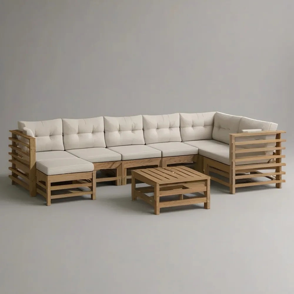 Sofa ogrodowa, 300x80x70 cm modułowa kanapa ogrodowa w naturalnym drewnie z beżowymi poduszkami i stołem do pasowania