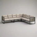 Sofa ogrodowa, Kanapa ogrodowa w rogu 280 x 220 x 75 cm w czarnej stali z poduszkami tapicerowanymi beżową