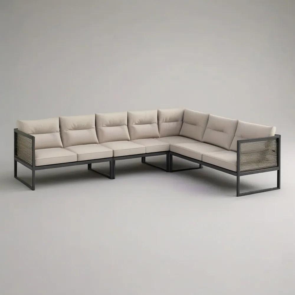Sofa ogrodowa, Kanapa ogrodowa w rogu 280 x 220 x 75 cm w czarnej stali z poduszkami tapicerowanymi beżową