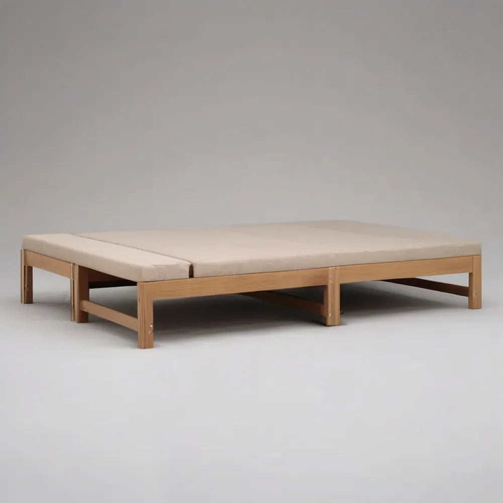 Łóżko dzienne, Podwójna sofa 160 x 200 cm w naturalnym drewnie z beżowym materacem i konstrukcją do przerabiania