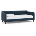Łóżko dzienne, Pojedyncza sofa z 90 x 190 cm w granatowym aksamicie poliestrowym z podłokietnikami i nogami w litym drewnie