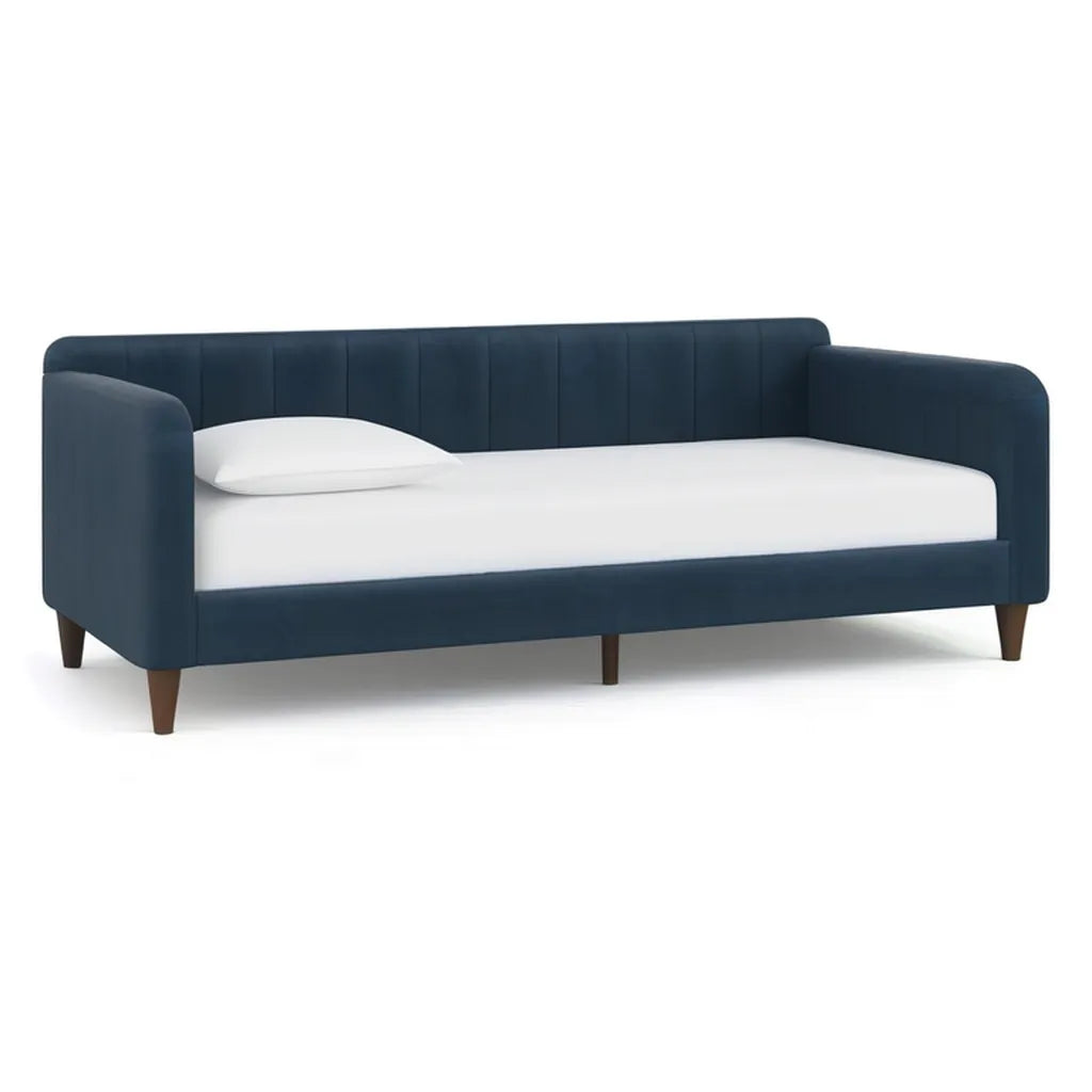 Łóżko dzienne, Pojedyncza sofa z 90 x 190 cm w granatowym aksamicie poliestrowym z podłokietnikami i nogami w litym drewnie