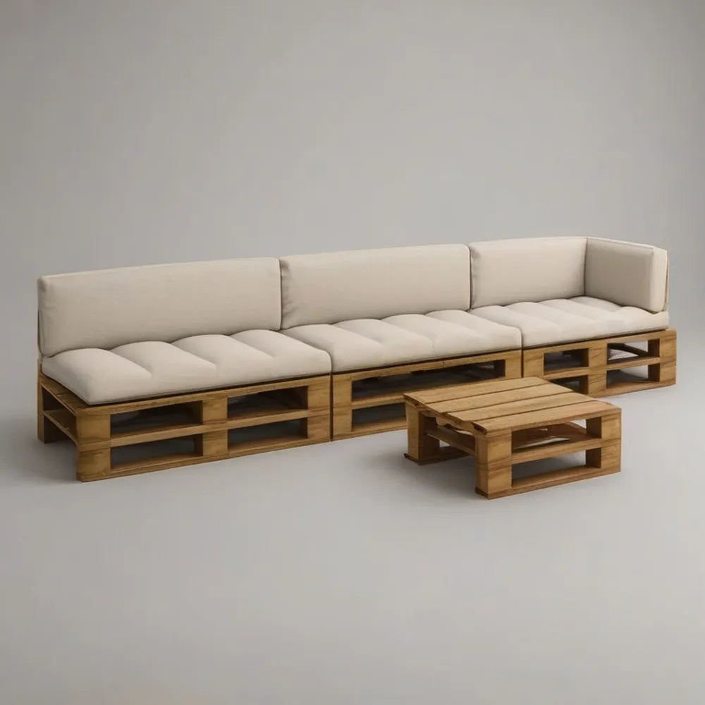 Sofa ogrodowa, Zestaw modułowej sofy ogrodowej 360 x 90 x 75 cm w litym drewnie z poduszkami stołowymi i beżowymi