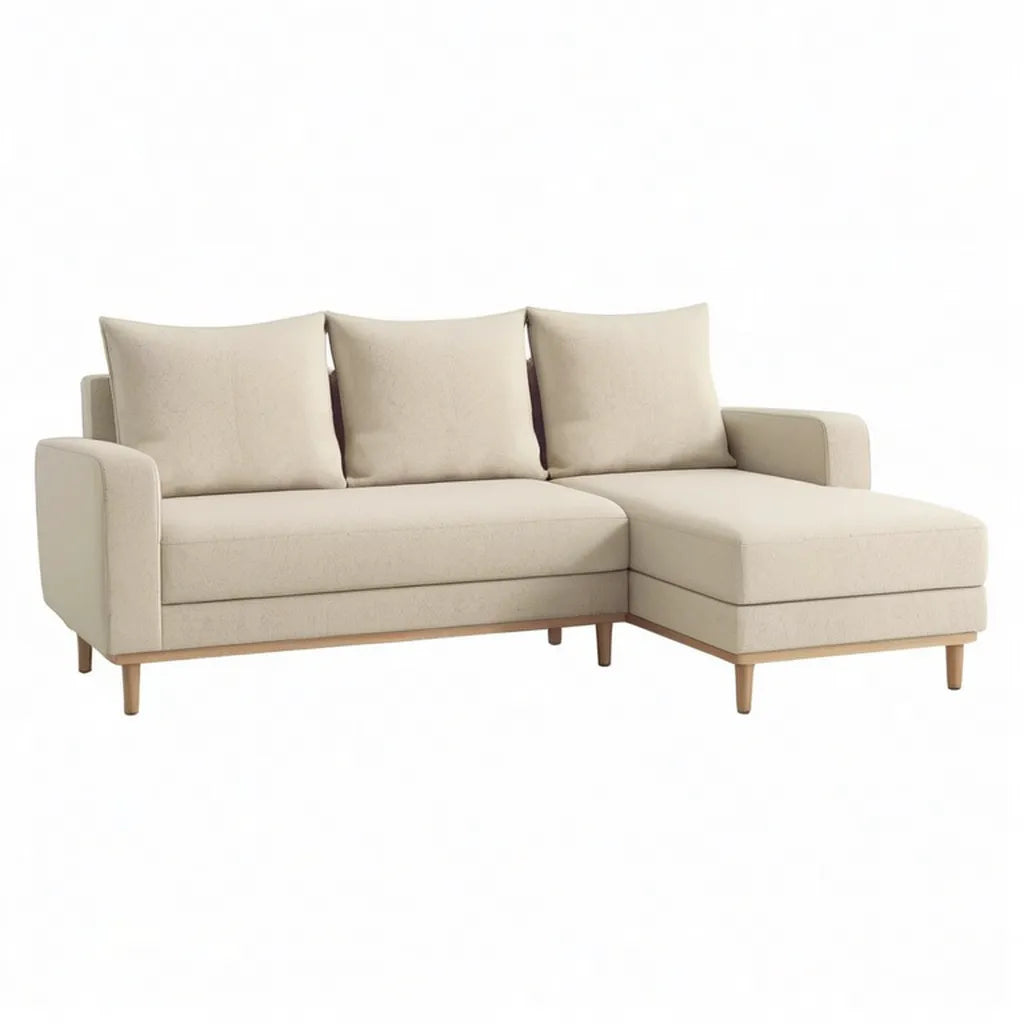 Sofa, Kanapa narożna 3 fotele z krzesełkiem z prawej w beżowym poliestrze 220 x 145 x 85 cm