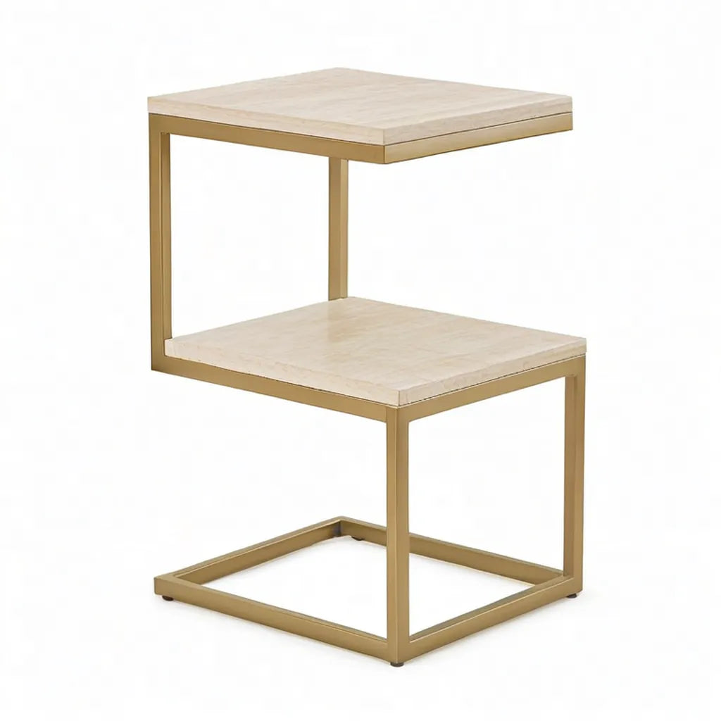 Stolik boczny, Stół boczny 40 x 40 x 60 cm z 2 półkami MDF w marmurze wygląd prostokątne beżowe złoto