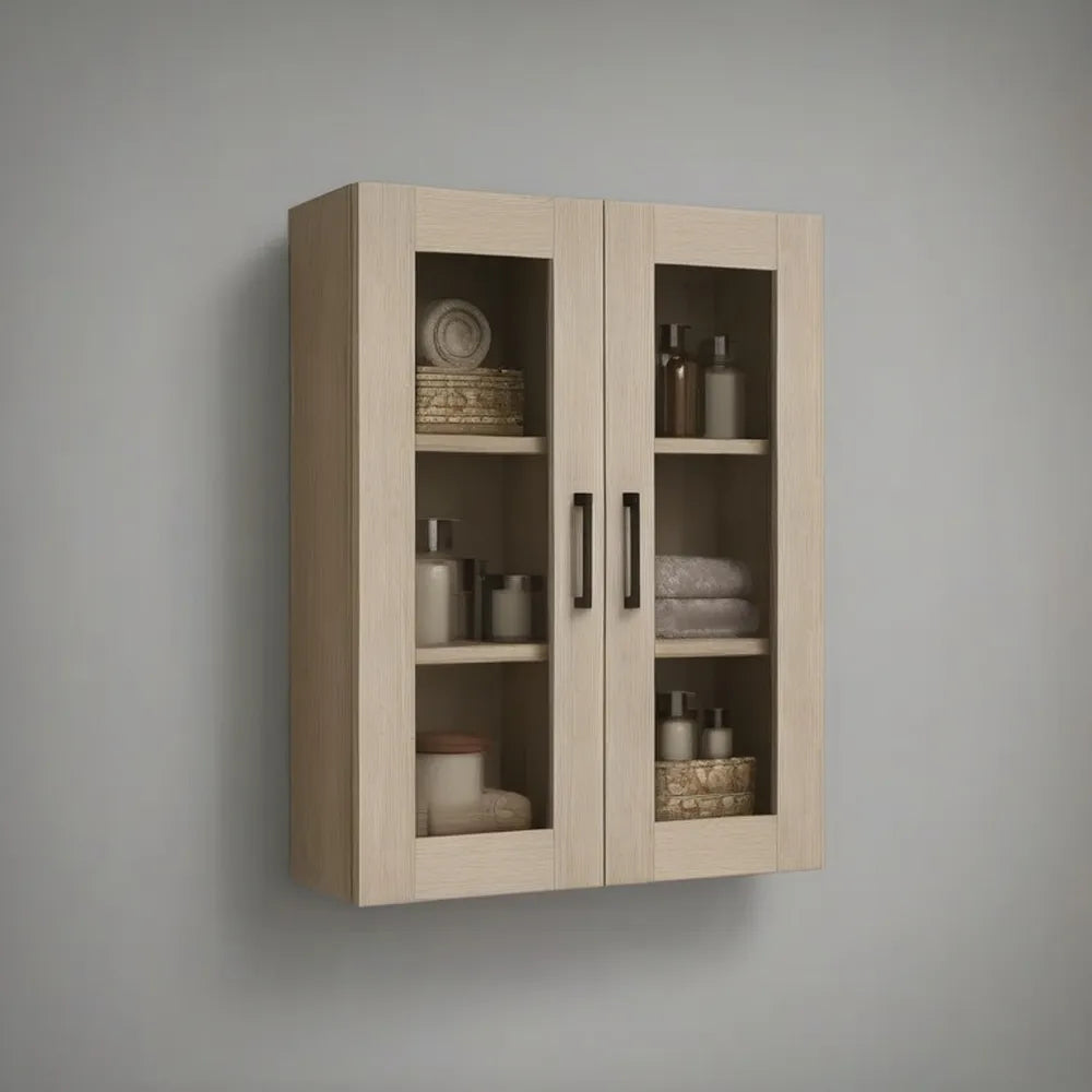 Kredens, Deska boczna ściana 80x35x90 cm w lekkim dębie MDF efekt z 2 drzwi szklanych