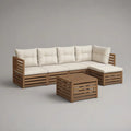 Sofa ogrodowa, 280 x 280 x 70 cm modułowa kanapa ogrodowa w naturalnym drewnie z białą poduszką wyściełaną i małym stołem