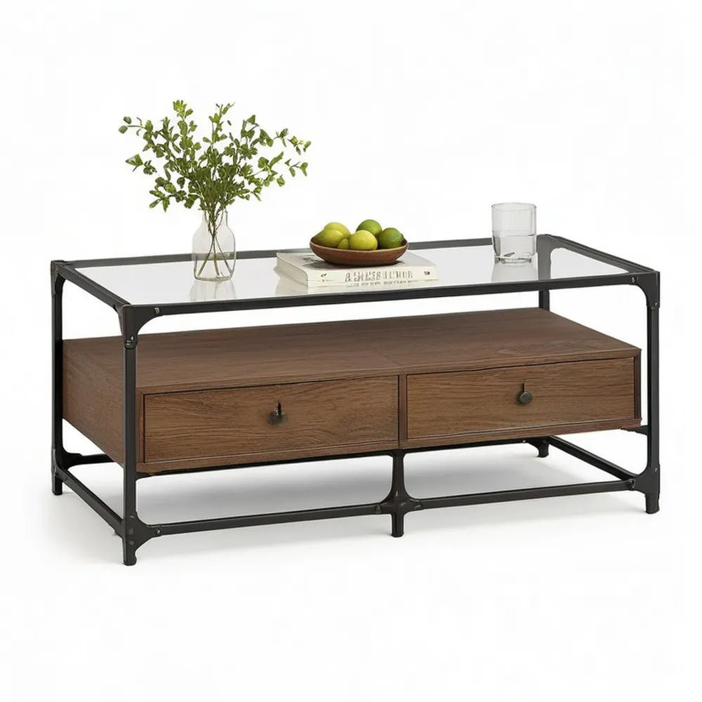 Stolik kawowy, Stół do kawy z płytą szklaną Koszulki optyczne z drewna metalowa ramka 120 x 60 x 45 cm Brązowy / czarny / Transparent