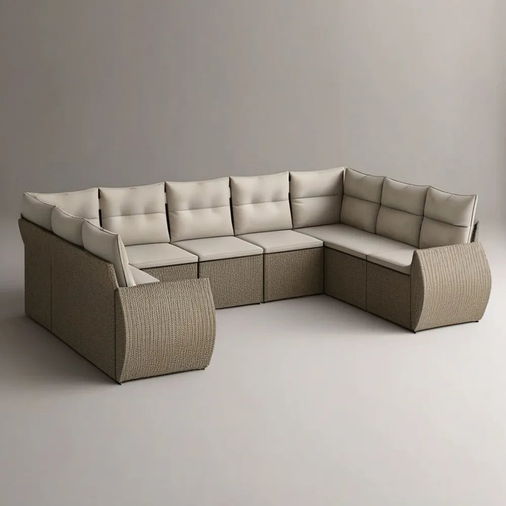 Sofa ogrodowa, 300x90x70 cm modułowa kanapa ogrodowa narożna w syntetycznym beżowym rattanie z wyściełanymi poduszkami