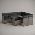 Sofa ogrodowa, Modułowa sofa ogrodowa z rożna 300 x 220 x 75 cm w syntetycznym szarym rattanie ze szklanym stołem i czarną poduszką