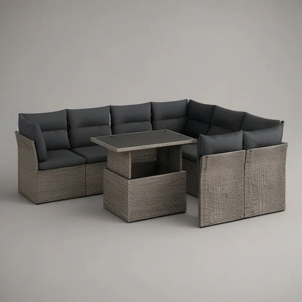 Sofa ogrodowa, Modułowa sofa ogrodowa z rożna 300 x 220 x 75 cm w syntetycznym szarym rattanie ze szklanym stołem i czarną poduszką