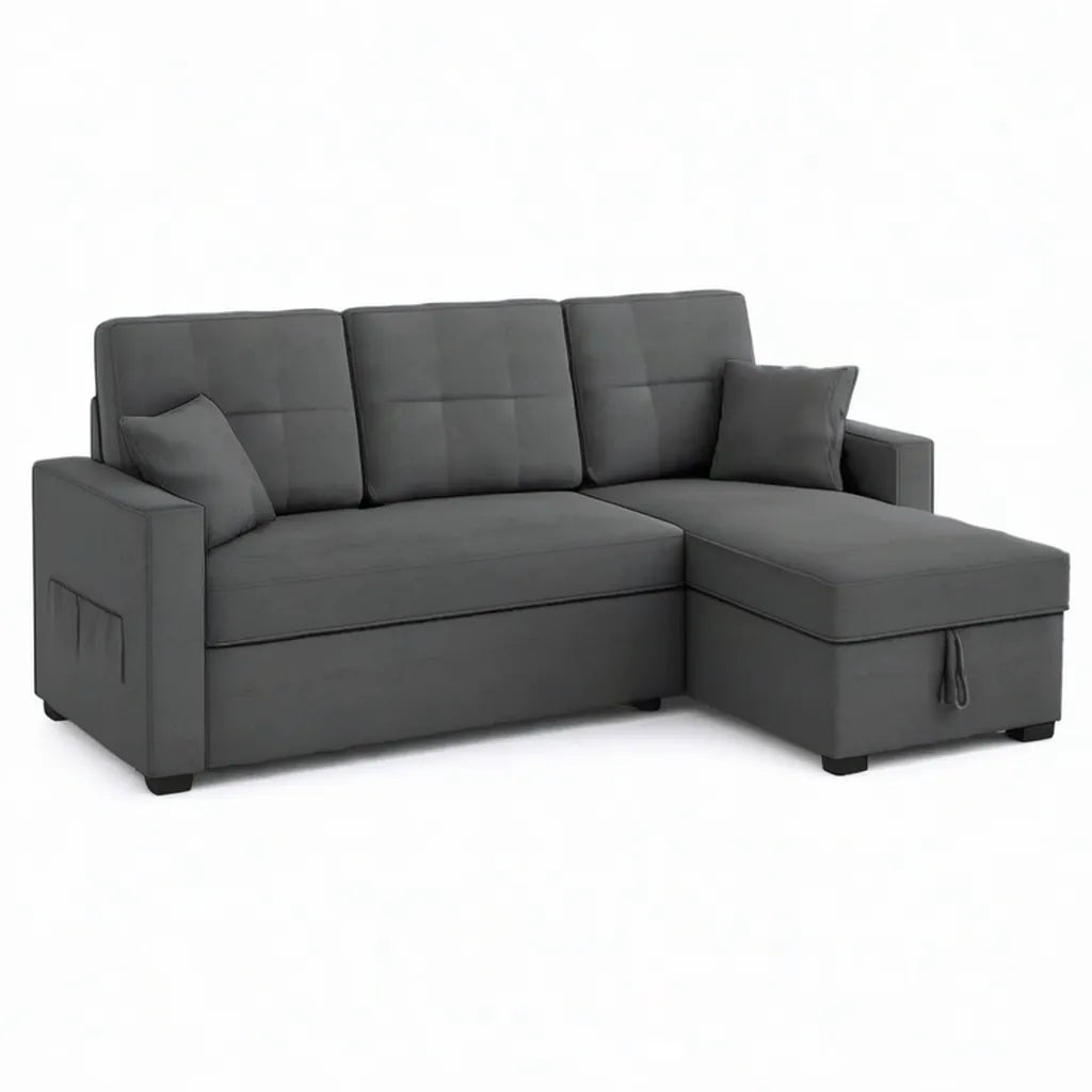 Sofa, Łóżko rozkładane na 3 miejsca z prawym poliestrem ciemnoszarym 220 x 145 x 85 cm