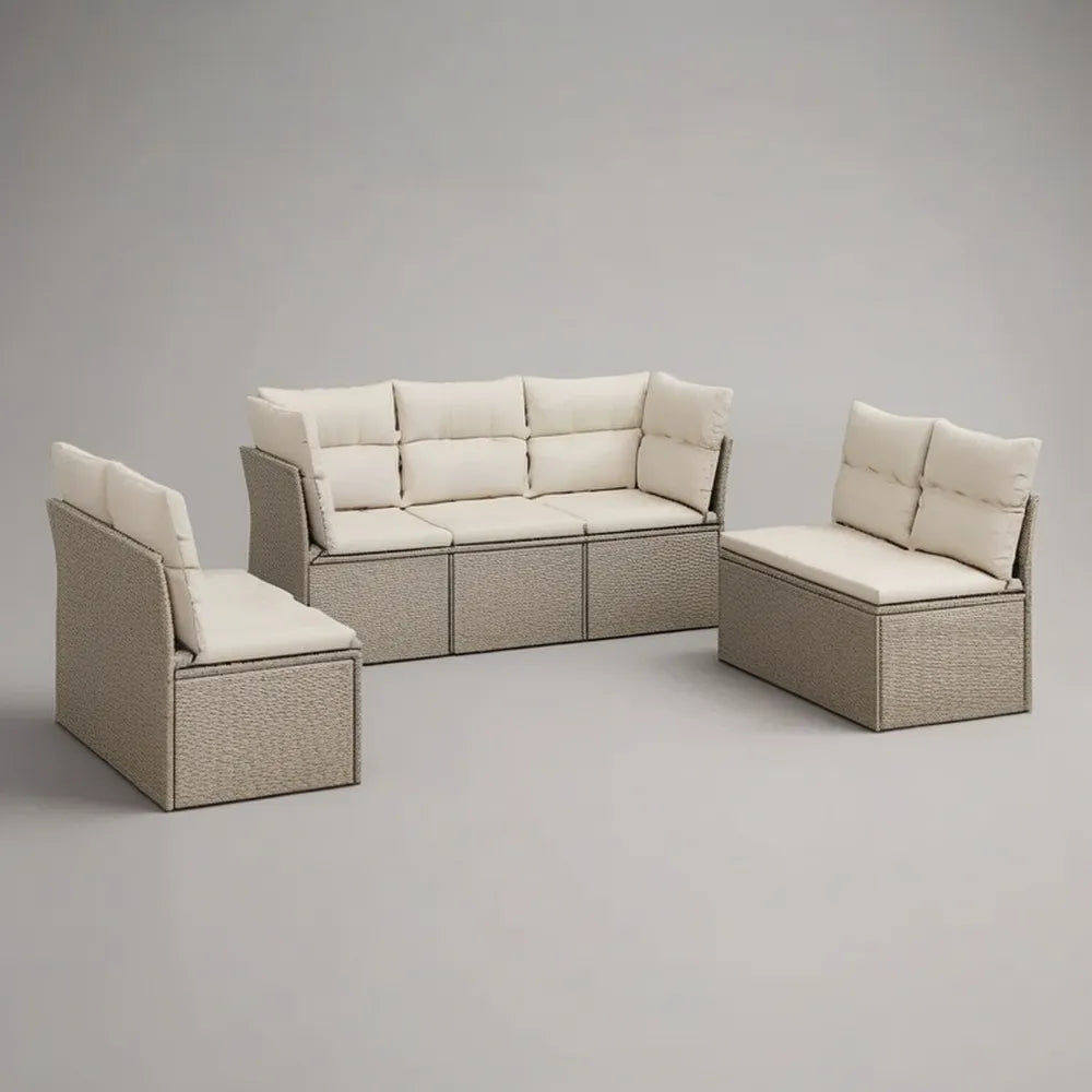 Sofa ogrodowa, Modułowa kanapa ogrodowa w kształcie rogu 250 x 180 x 70 cm w syntetycznym beżowym rattanie z białą poduszką wyściełaną
