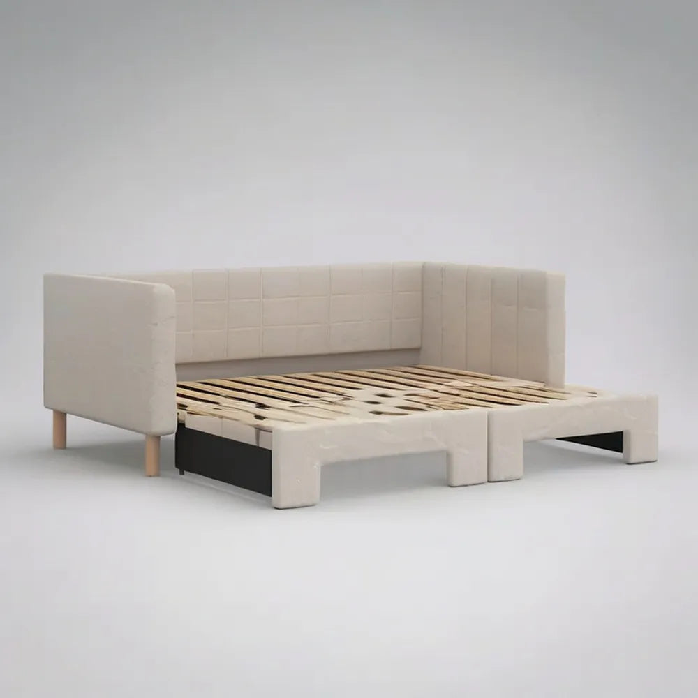 Łóżko dzienne, Podwójna sofa w lekkiej beżowej tkaniny 160 x 200 cm z tapicerowaną strukturą i siatką