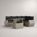 Sofa ogrodowa, Zestaw rożna sofa ogrodowa 300x220x75 cm w syntetycznym szarym rattanie ze stołem i czarne poduszki