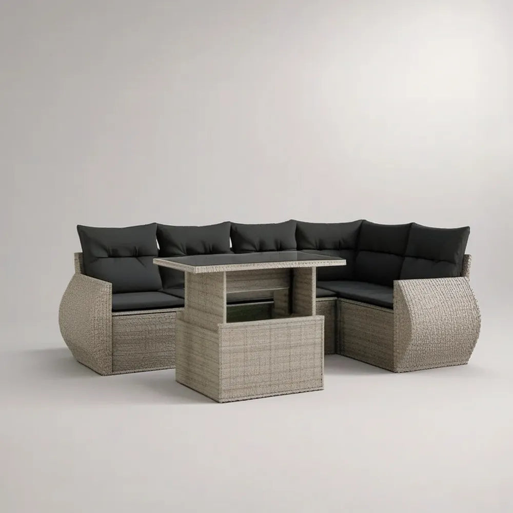 Sofa ogrodowa, Zestaw rożna sofa ogrodowa 300x220x75 cm w syntetycznym szarym rattanie ze stołem i czarne poduszki