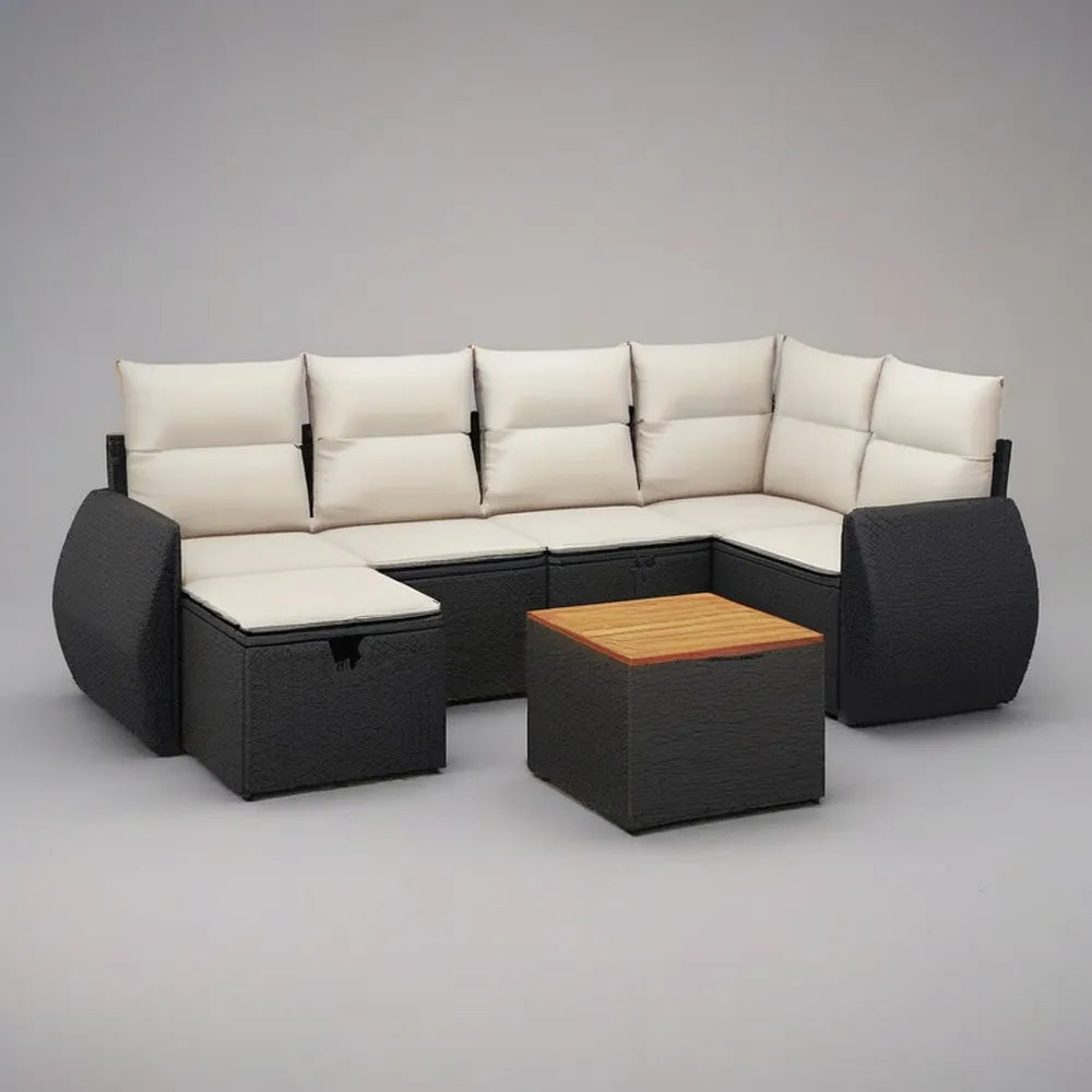 Sofa ogrodowa, Modular Corner Garden Sofa 300 x 220 cm w czarnym rattanie syntetycznym z beżowymi poduszkami i centralnym stołem z efektem drewna