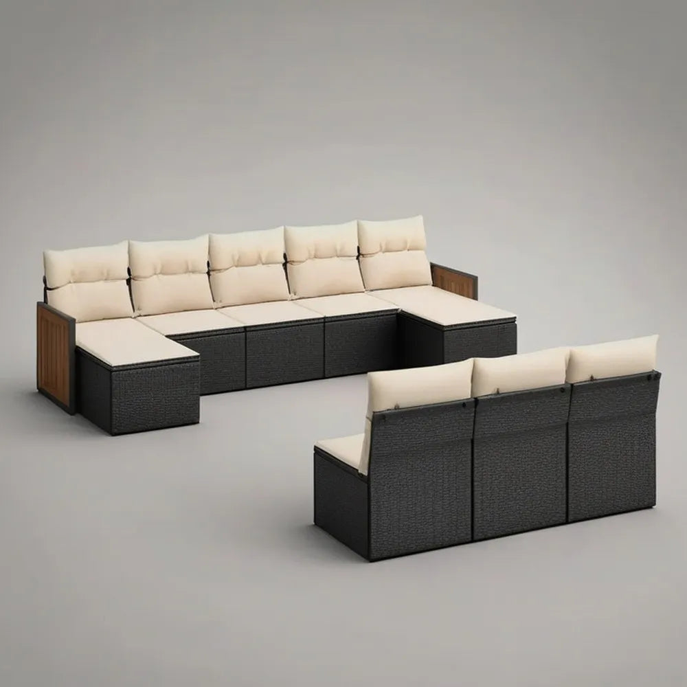 Sofa ogrodowa, Zestaw modułowej sofy ogrodowej 320x240x70 cm w czarnym rattanie syntetycznym z beżowymi poduszkami
