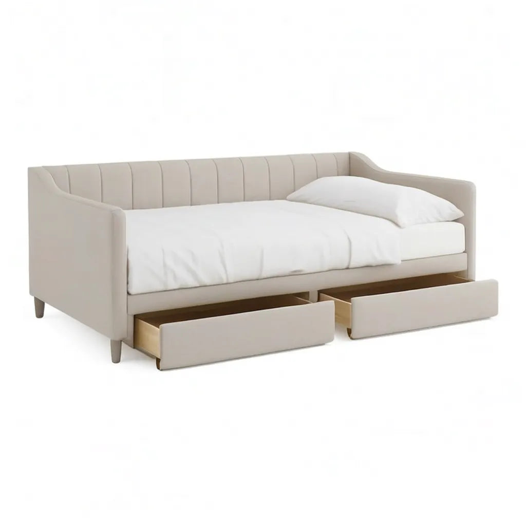 Łóżko dzienne z 2 szufladami 90 x 200 cm poliestrowy beż
