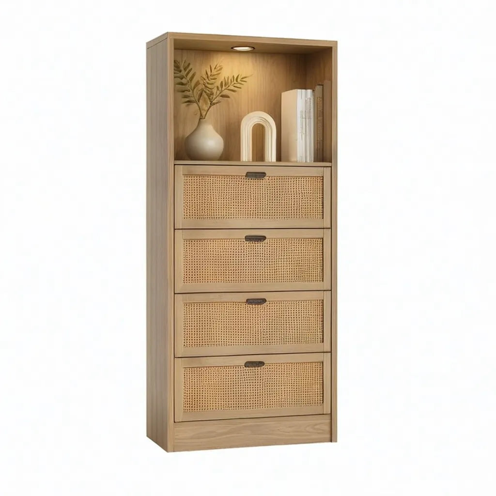 Kredens, Wysoka boczna płyta z 4 szufladami w MDF i naturalnym prostokątnym dębem rattanowym 60 x 35 x 170 cm