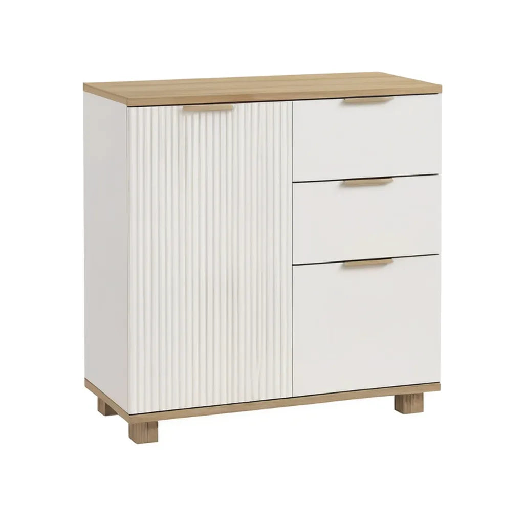 Kredens, Prostokątna tablica boczna z 3 szufladami i 2 drzwiami w kolorze białym Dębowym MDF 80 x 40 x 90 cm