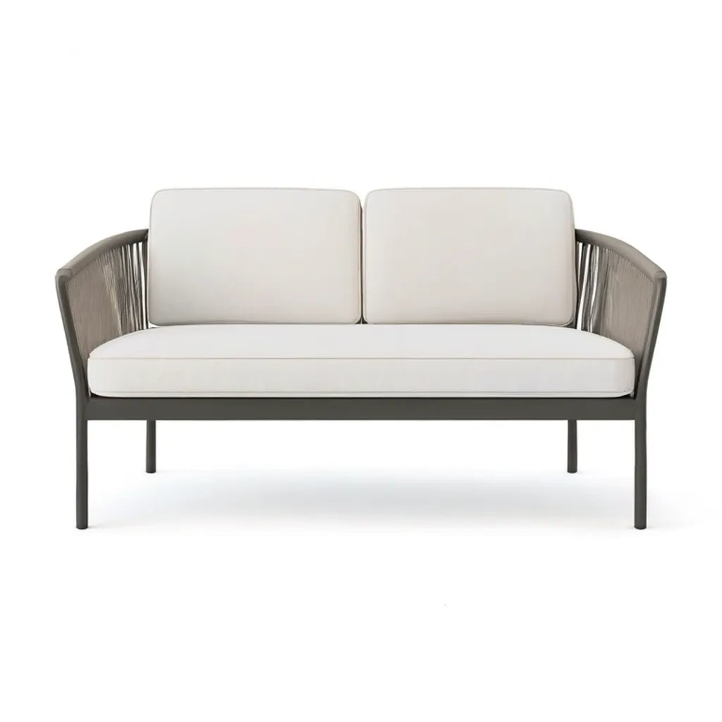 Sofa ogrodowa, 2-osobowa sofa ogrodowa ze stalową ramą, poliestrowa lina i tapicerka w kremie antracytowym 130 x 70 x 78 cm