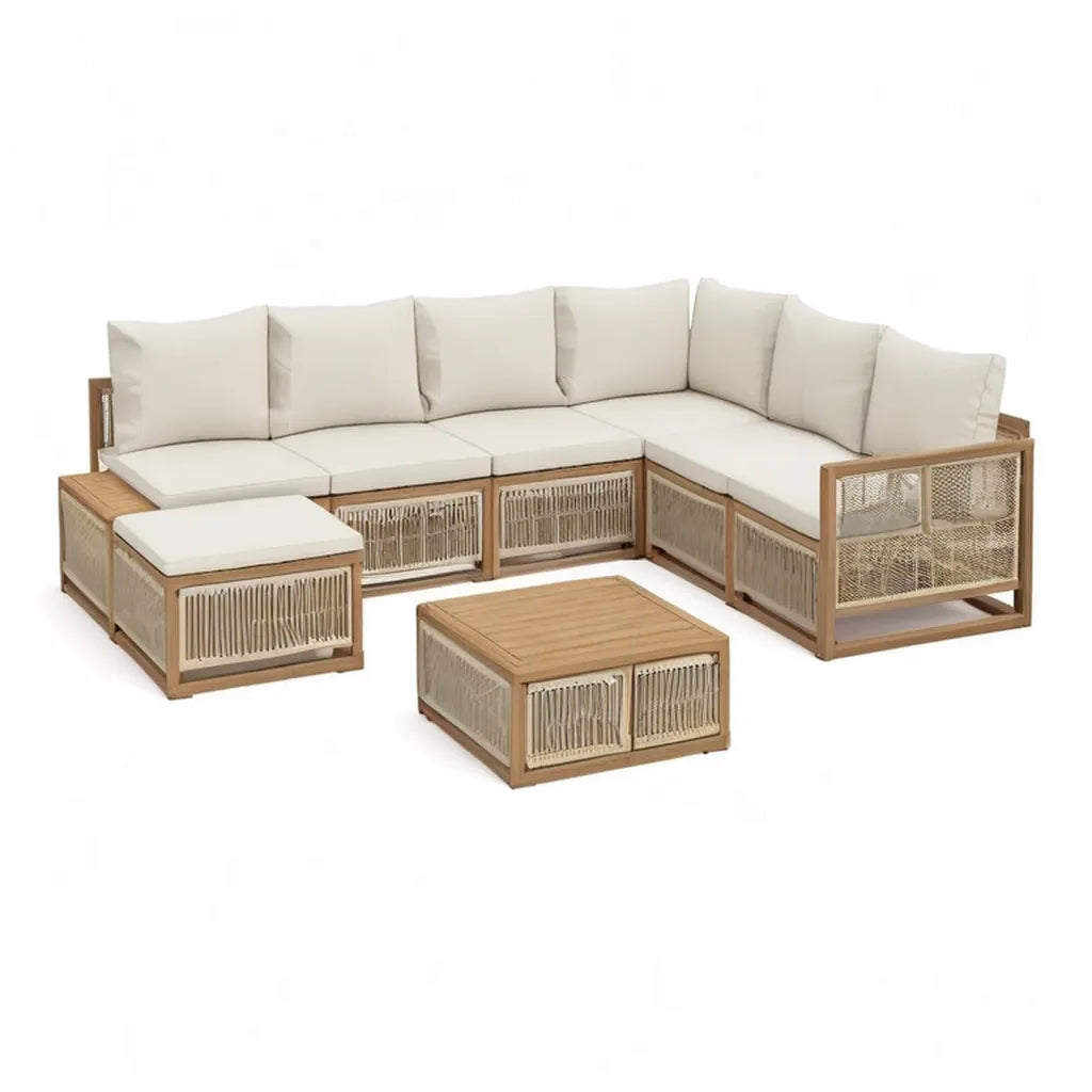 Sofa ogrodowa, 5-częściowy ogród salon zestaw narożna sofa z stołem i stolik kawa z litego drewna acacia i PE warkocz w przyrodzie beżowy 280 x 220 cm