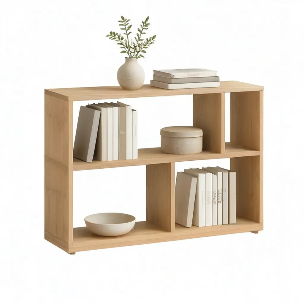 Regał, Niska biblioteczka z 4 prostokątnymi przegródkami w płycie wiórowej z dębu naturalnego 100 x 30 x 90 cm