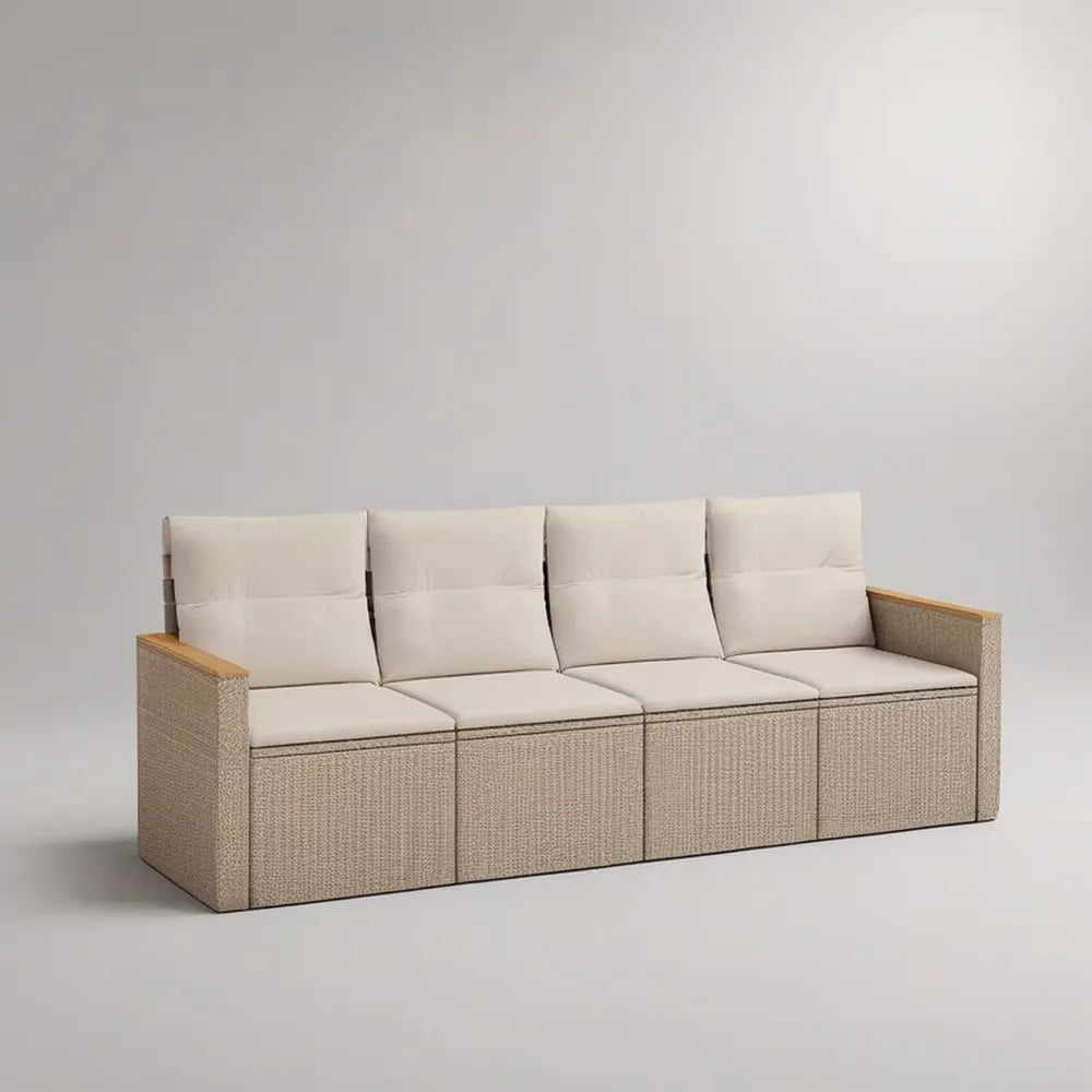 Sofa ogrodowa, Modułowa kanapa ogrodowa 280 x 90 x 70 cm w syntetycznym beżowym rattanie z białą poduszką wyściełaną
