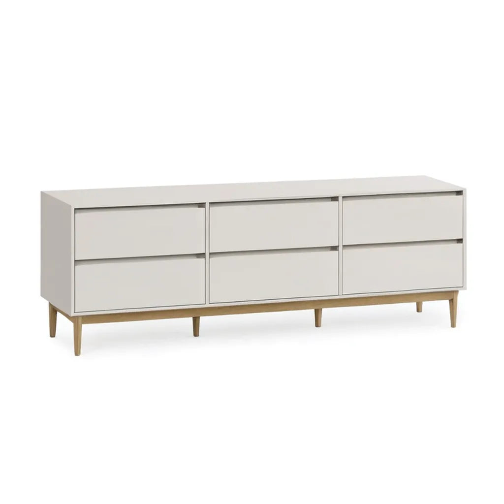 Kredens, 6 szuflady jadalnia boczna 180 x 40 x 75 cm w prostokątnym białym MDF z litymi nogami z drewna