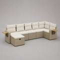 Sofa ogrodowa, Kanapa ogrodowa narożna 350 x 250 cm w syntetycznym beżowym rattanie z poduszek kremowych i stolików bocznych