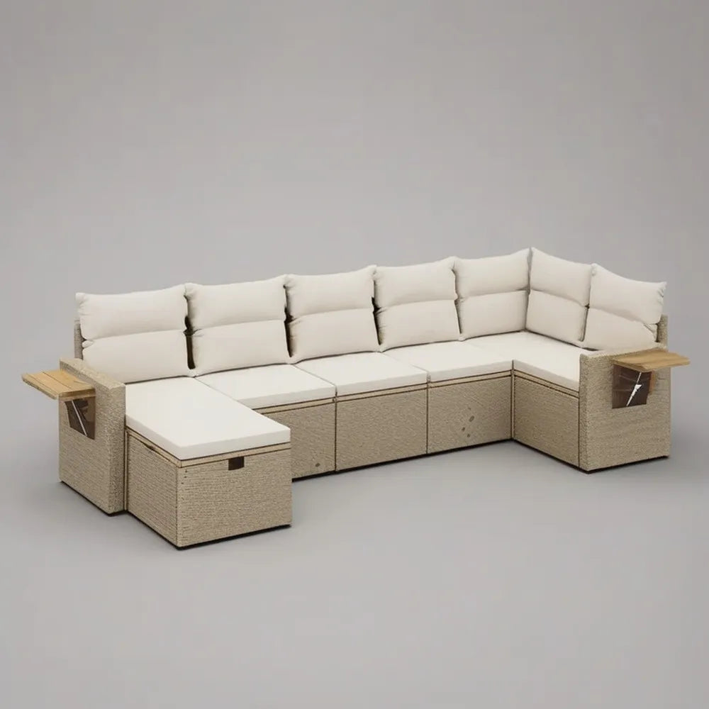 Sofa ogrodowa, Kanapa ogrodowa narożna 350 x 250 cm w syntetycznym beżowym rattanie z poduszek kremowych i stolików bocznych