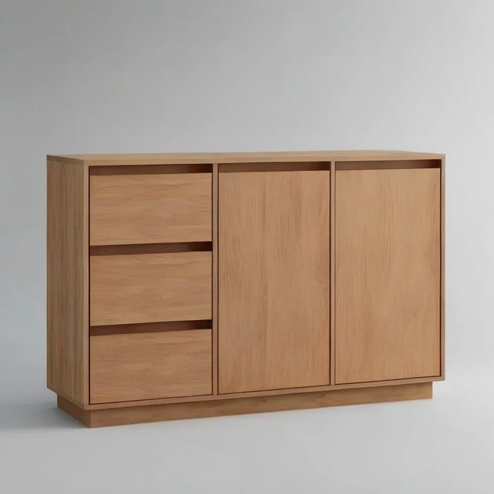Kredens, 180x40x80 cm naturalny dąb z płyty przypodłogowej MDF z 3 szufladami i 2 zawiasami