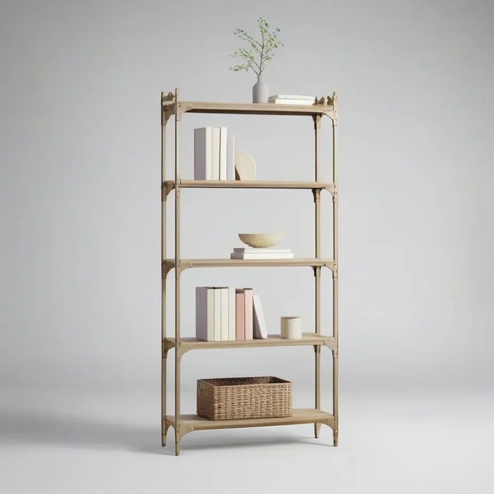 Regał, Półka na półki 80 x 35 x 180 cm w MDF z naturalnym efektem drewna z 5 półkami i konstrukcją ze stali złotej