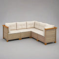 Sofa ogrodowa, Zestaw 280x210x75 cm kątowana kanapa ogrodowa w syntetycznym beżowym rattanie z kremem białe poduszki i naturalne drewno szczegóły